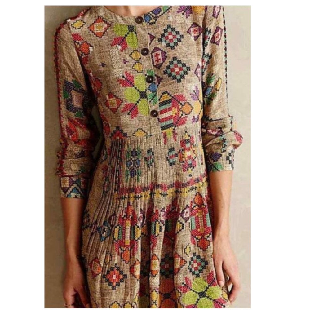 Hemant & Nandita Silk Pintucked Prima Dress Shirt Dress Size 6